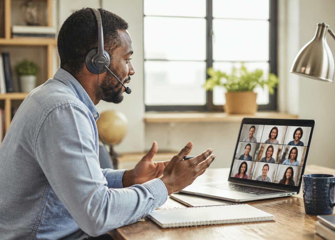 A tutor leading an online language class on a laptop video call