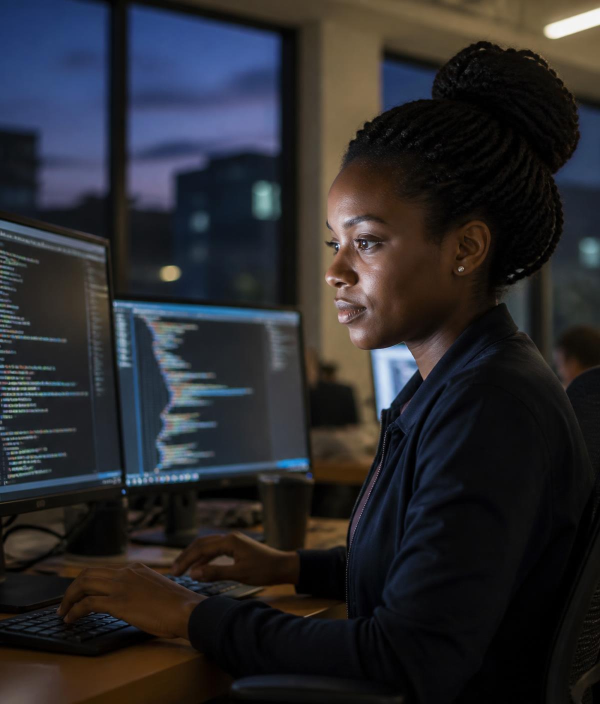 A student engineer working at a dual-monitor desk in a university tech hub