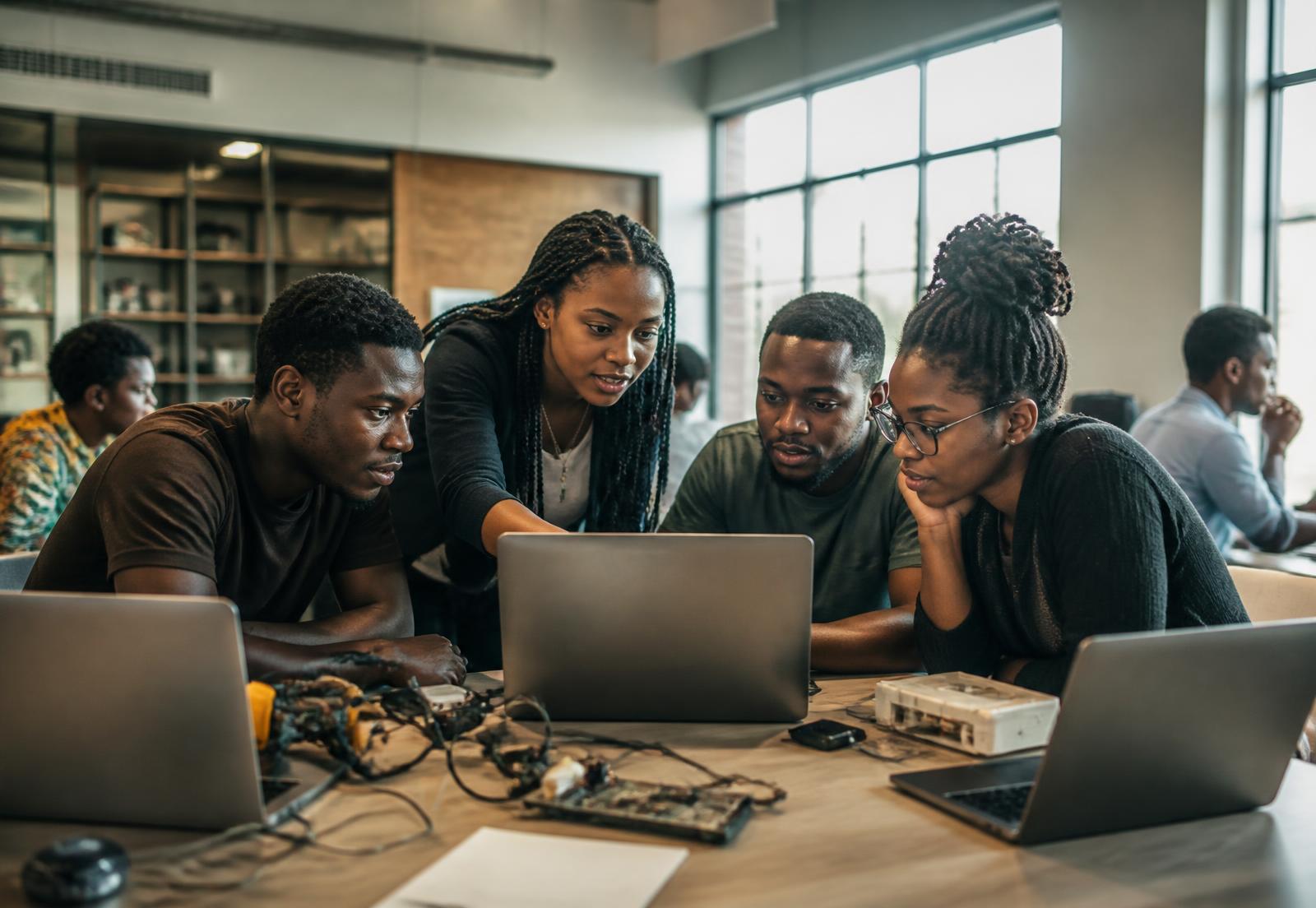 Students collaborating around laptops in a campus innovation lab